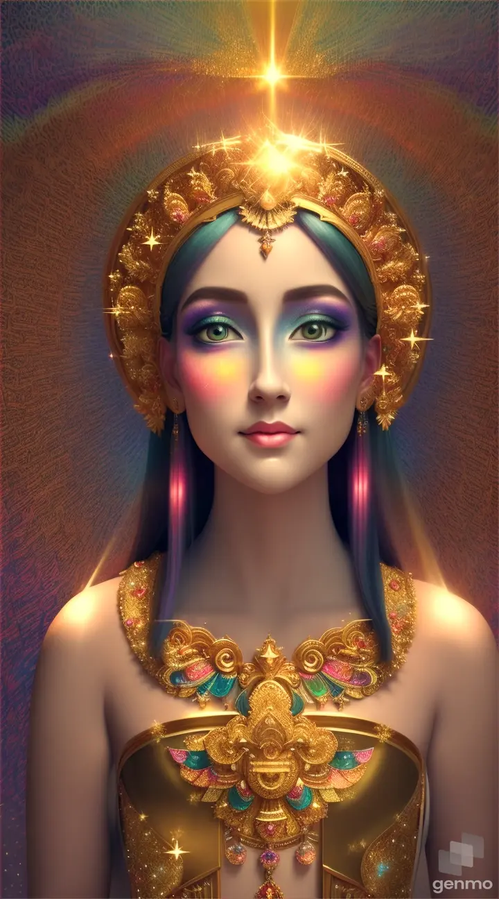 A painting showcasing Pai Celestial in a heavenly aura, focused on the divine presence that emanates off of this benevolent figure with the surroundings filled with softly lit sparkle and glitter.