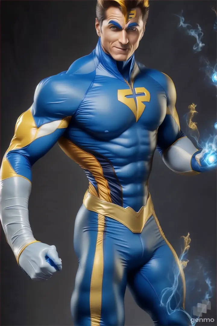 a man in a blue and yellow costume