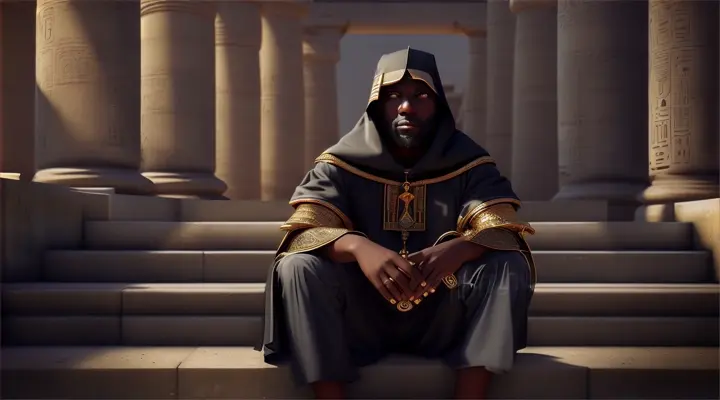 “ancient kemit black priest looking mean with hood on sitting on ancient temple steps at night looking into the camera” realistic