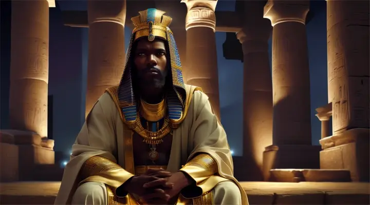 “ancient kemit black priest looking mean with hood on sitting on ancient temple steps at night looking into the camera” realistic