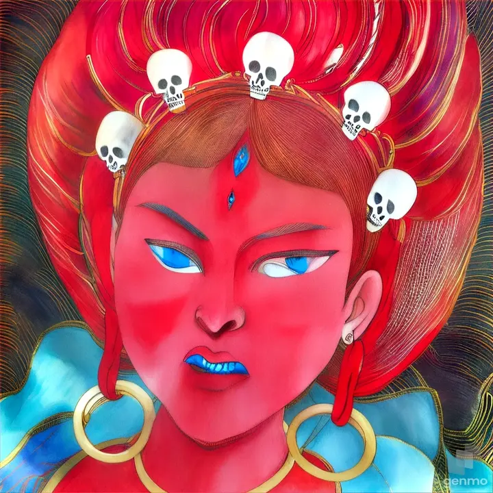 a painting of a red woman with skulls on her head, she sings 