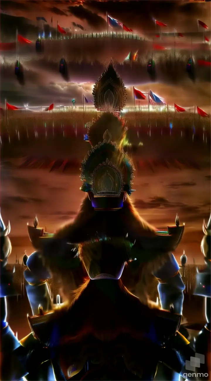A person in a crown standing amidst a surreal, stormy landscape with lightning bolts and ominous clouds