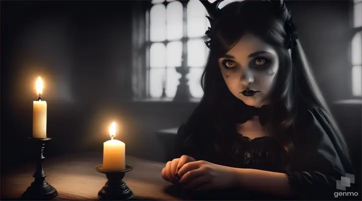 a girl with a downcast face sits before a candle on a table, horned shadows move around her