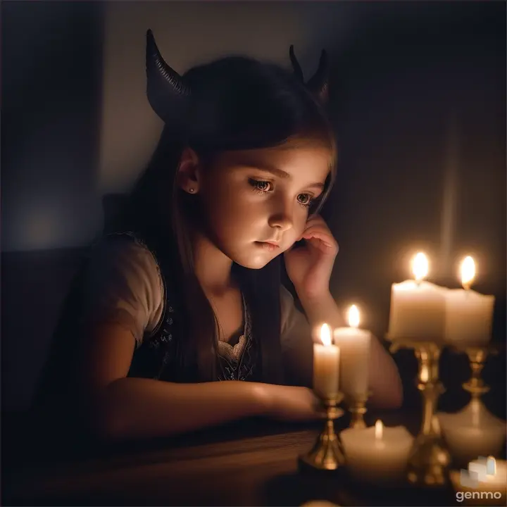 a girl with a downcast face sits before a candle on a table, horned shadows move around her