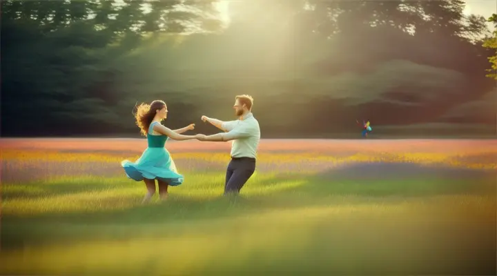 middle distance dancing couple twirling amidst a meadow of colourful, fluttering butterflies