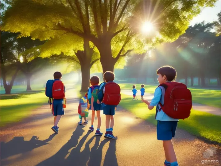 A bright morning with kids walking to school