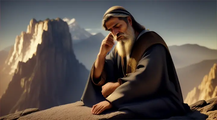 Prophet Abraham praying as in the bible, the mountain in the background