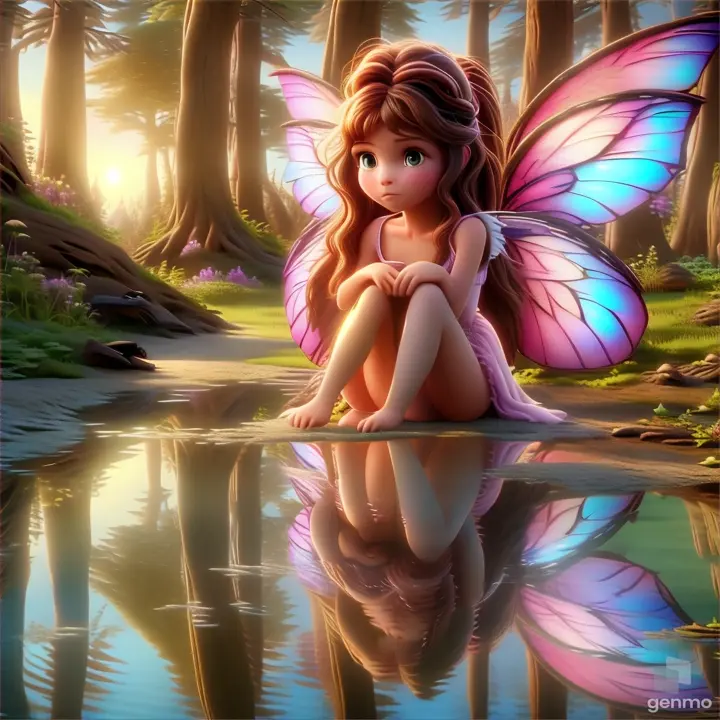 a fairy sitting on the ground next to a pond, her wings slightly flapping