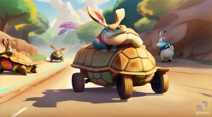 make an animated video of a tortoise and a rabbit participating in a race,