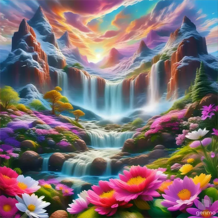 fast flowing waterfall with flowers moving in the air. in the foreground.