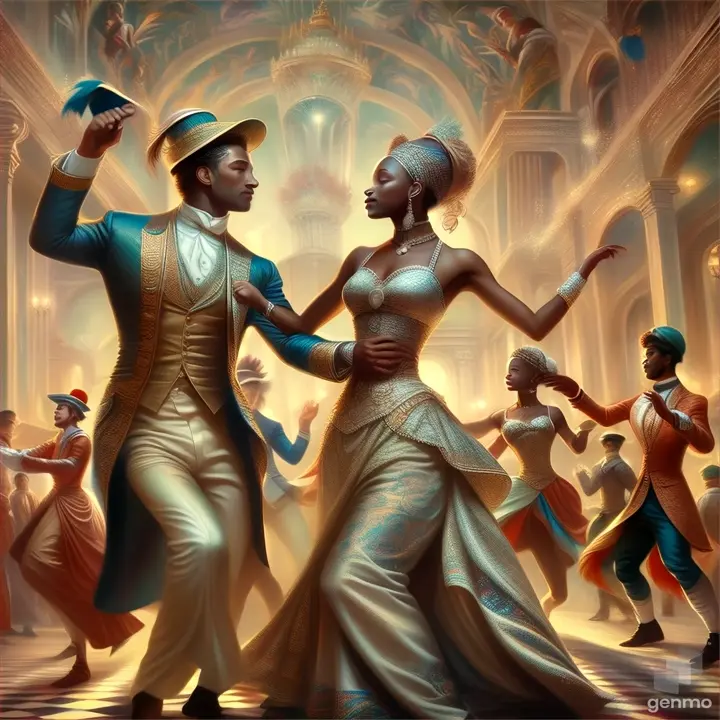 a painting of a man and a woman dancing