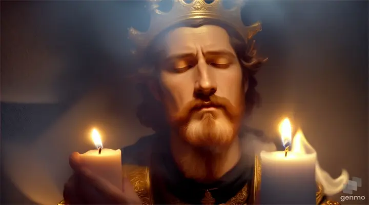 king david praying to god in dark room having flame lights and smoke