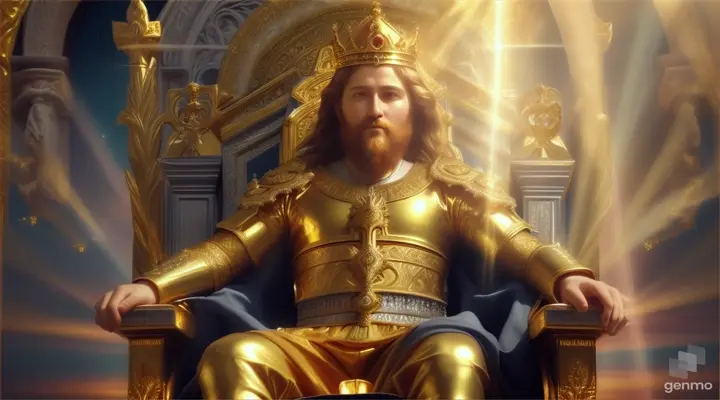 King David glowing in heavenly rays, seated on a throne of light amidst a celestial realm of gold and crystalKing David glowing in heavenly rays, seated on a throne of light amidst a celestial realm of gold and crystal
