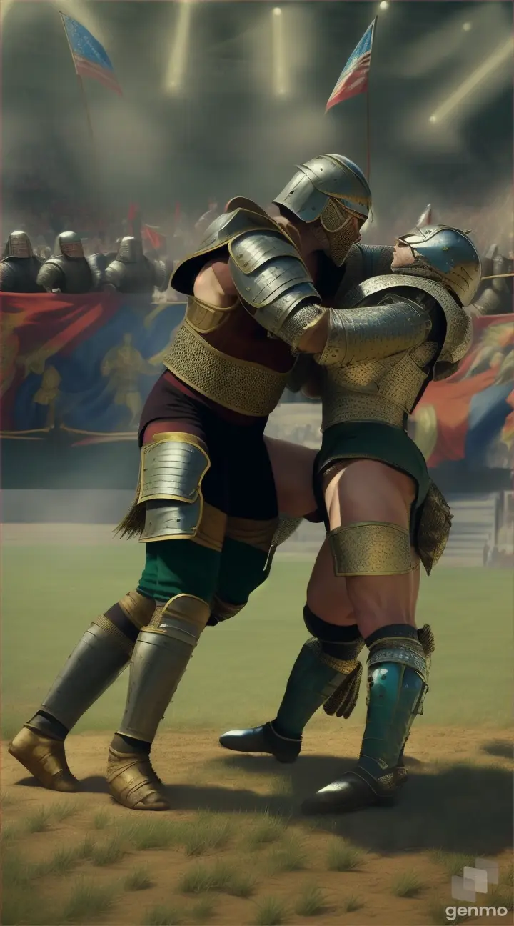 Medieval Wrestling: A depiction of wrestling as it was practiced during medieval times, with armored wrestlers competing in a ring or on a grassy field, reflecting the evolution of the sport over time.









