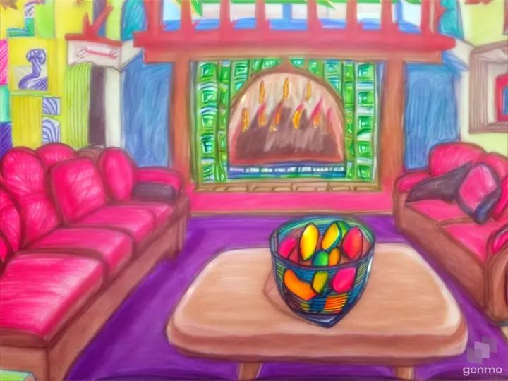 a drawing of a living room with couches and a table