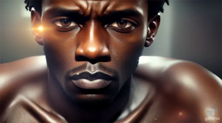 A skinny black man with big eyes, half of his body naked and looking exhausted and tired. Realistic, realistic clip and horizontal scale