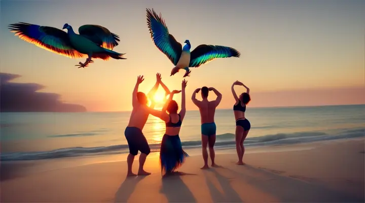 2 couples doing acrobatics on the beach at sun rise , watched by peacocks
