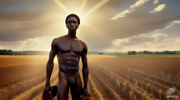 The skinny black man with big eyes and half his body naked, looking exhausted and tired, plowing this land. Real, realistic clip and horizontal size.