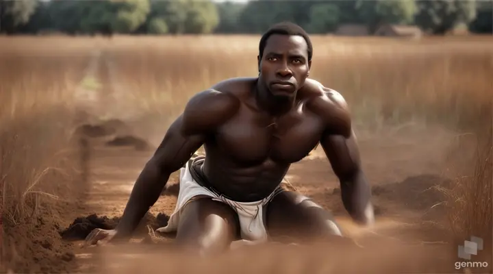 The skinny black man with big eyes, wearing only what covers his private parts and looking exhausted and tired, plowing the ground. Real, realistic clip, horizontal size.