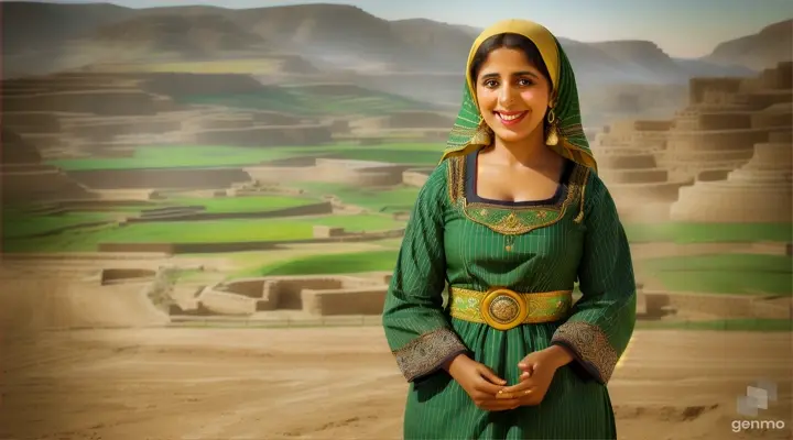 A Yemeni woman from the beginning of the nineteenth century, wearing a beautiful dress, laughing, and behind her is agricultural land. Real, realistic clip and horizontal size.