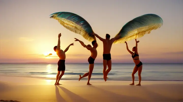 2 couples doing acrobatics on the beach at sun rise , watched by a peacocks