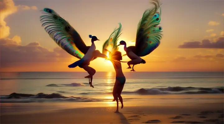 2 couples doing acrobatics on the beach at sun rise , watched by a peacock