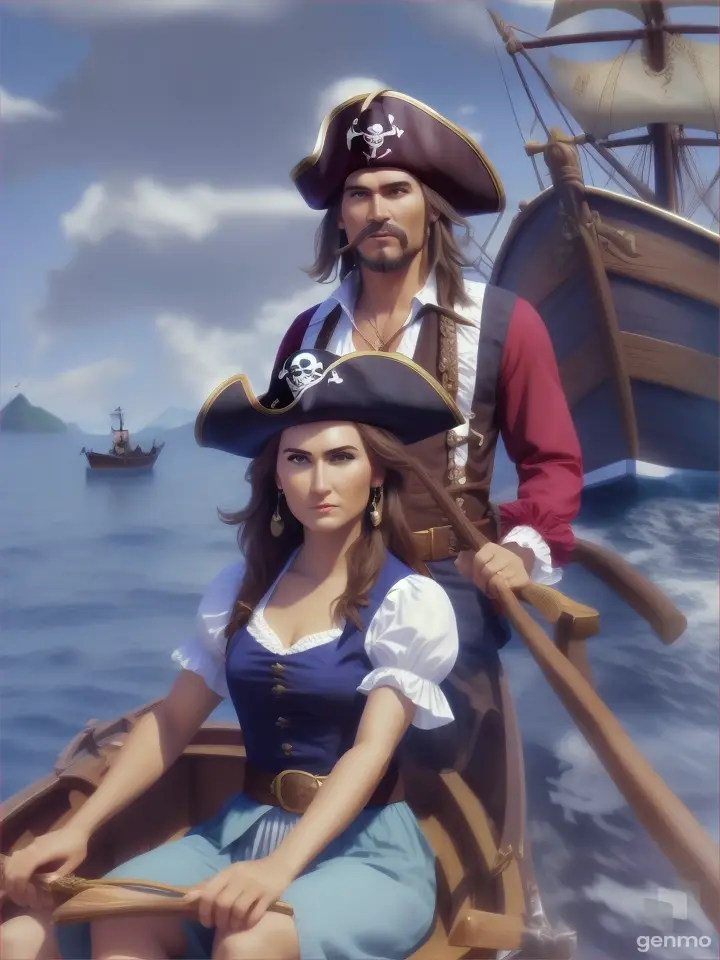 zoom out to see a rowboat,  pirate man with a pretty woman pirate in a rowboat 