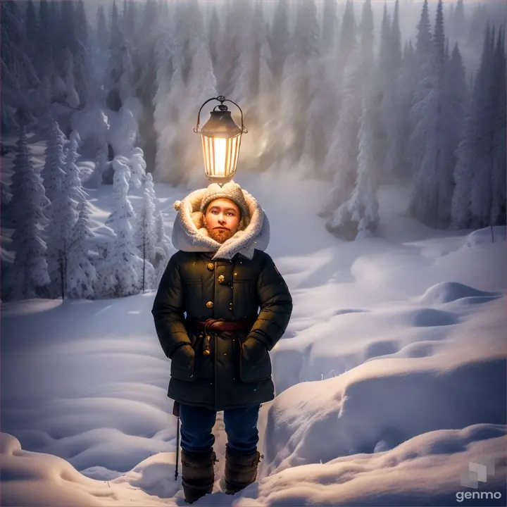 A figure with a lantern on a snowy journey through rugged mountains and forested valleys