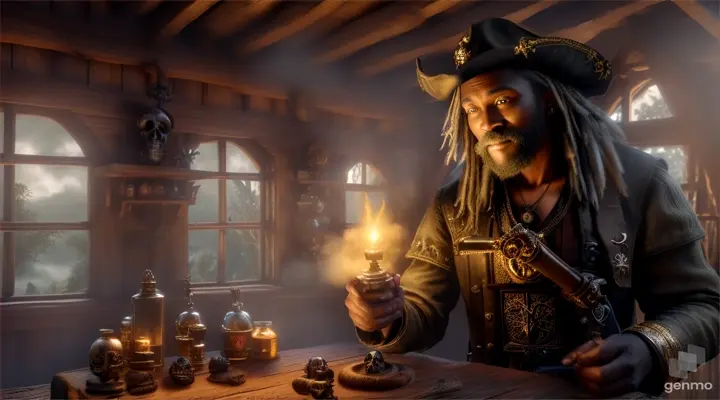 Caribbean clock wizard, holds vial of potion, in old wooden shack, skulls on table, nighttime, Rim Light