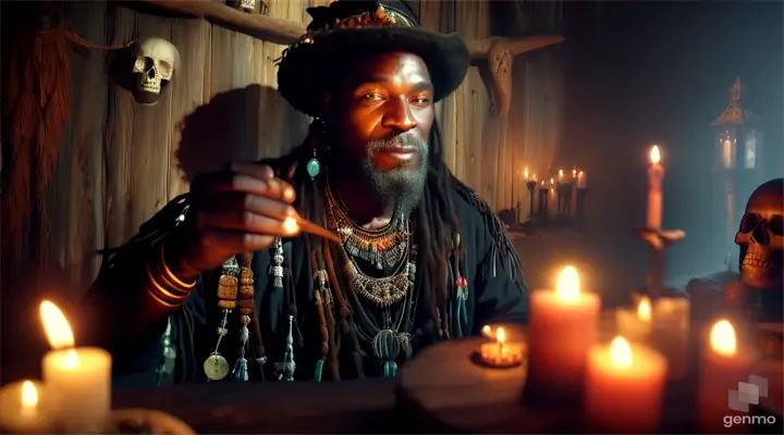 Caribbean shaman and man in black suit meeting in a dimly-lit shack with skulls on walls, surrounded by lit candles creating an ominous ambiance