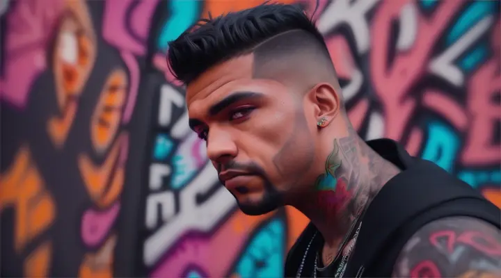 “Ex-boxer turned YouTuber in front of a vibrant graffiti-covered wall, tattoos and rough features 3025291980