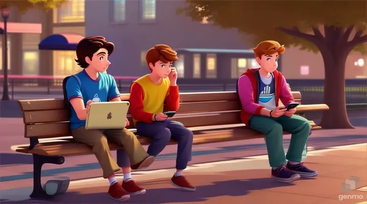 Two animated boys sitting on the bench and watching mobile. They are not even seeing to each otherwatching