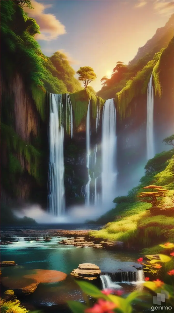 Beautiful landscape somewhere in the world, with waterfalls and flora... you can also see the little birds flying everywhere. Vertical 9.6