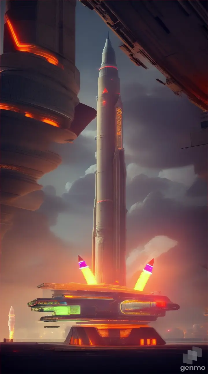 Futuristic launch pad as the Agni 2 missile takes off, with sleek architecture and neon accents