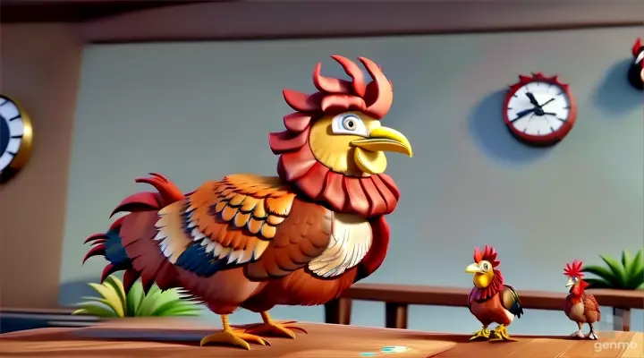 a rooster walking on a table next to a clock. The rooster made a plan while walking. He thought that the next day he would not call in the morning, due to which all the pigeons would not be able to wake up on time and they would understand how important proper management of time is.