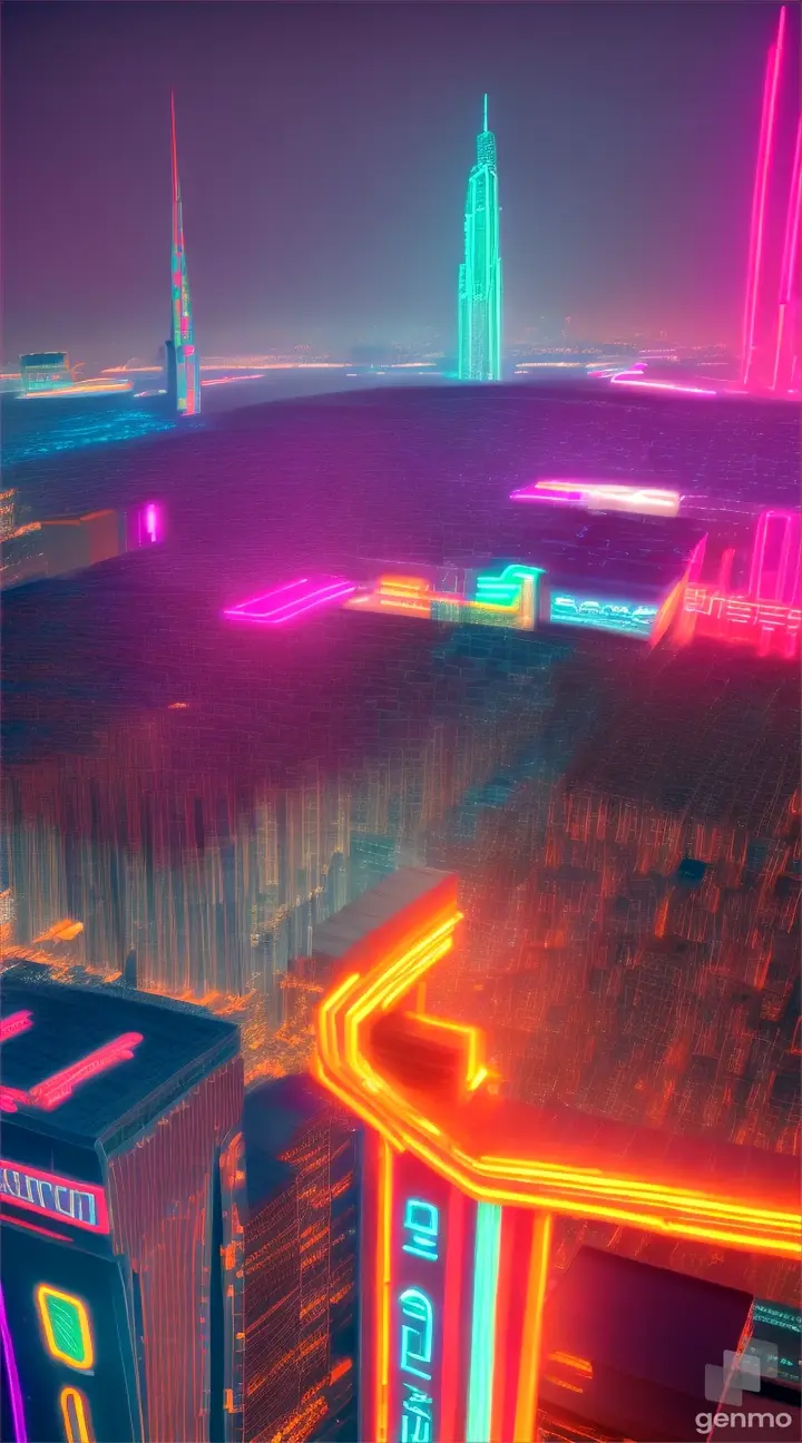 Drone view of a futuristic, neon cityscape punctuated by dynamic signs and reflections