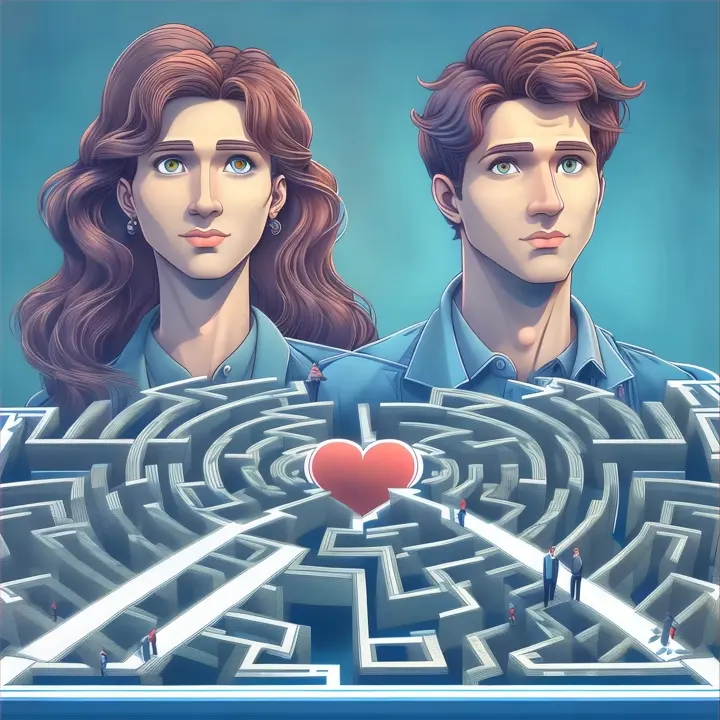 a man and a woman standing in front of a maze