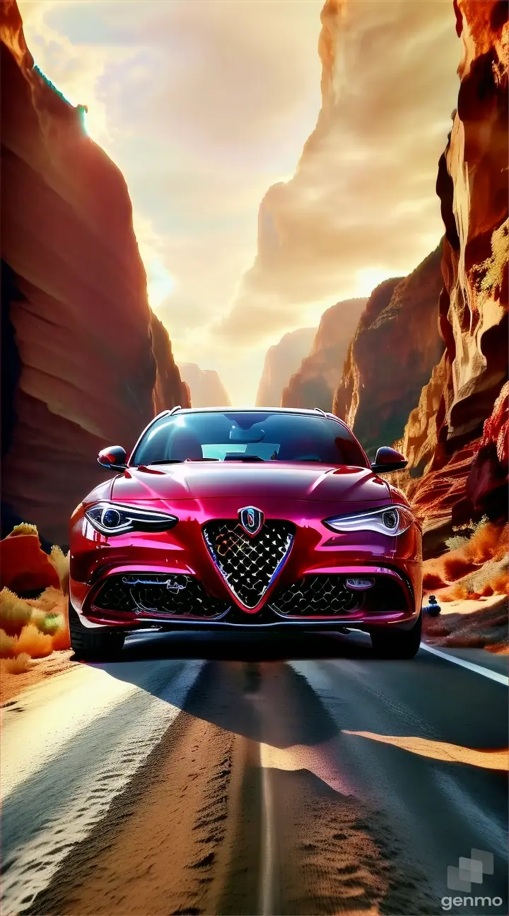 Low angle front view, red Alfa Romeo Giulia station wagon on the edge of a canyon breathtaking, panoramic, ray tracing, cinematic, professional photo