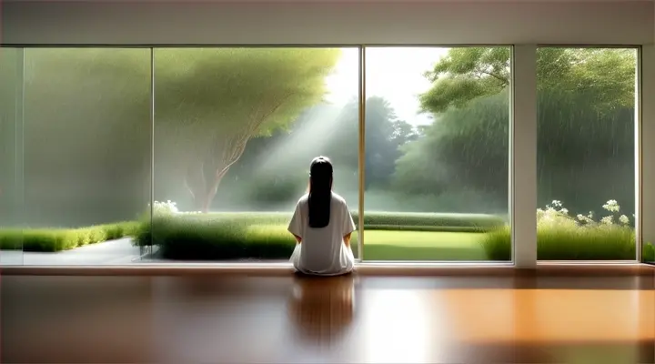  STYLE  FENG SHUI:  IN ZOOM: RELAX ROOM
 MOOD OR ENVIRONMENT:  MINIMALIST
 INTERIOR DESIGN STYLE:  ZEN
 
 PANORAMIC WINDOW OVERLOOKING A LUXURIOUS AND SERENE GARDEN, WHERE YOU CAN CONTEMPLE THE CYCLE OF TIME, FROM SOFT SUN BEAMS TO REVITALIZING RAINS.
.
, WHILE A   , WOMAN ARE SITTING, LISTENING TO MUSIC, IN FRONT OF THE PANORAMIC 