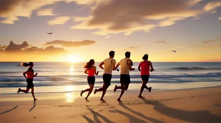 2 couples doing running on the beach at sun rise , watched by a eagles