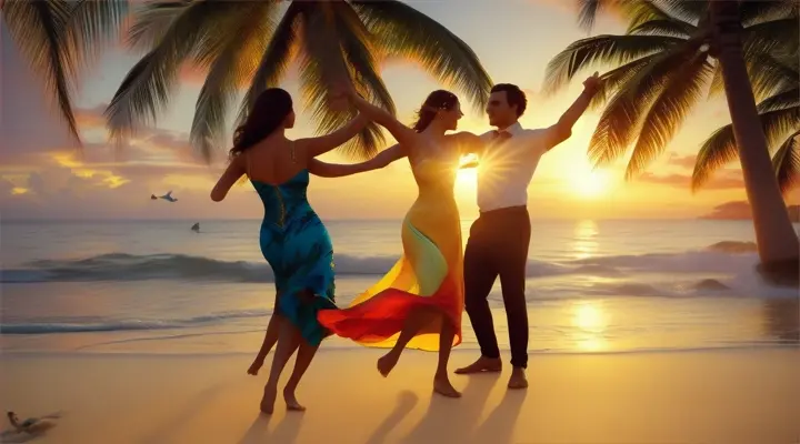 2 couples dancing on the beach at sun rise , watched by a parrot
