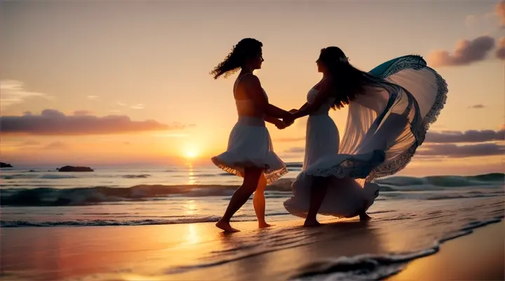 2 couples dancing on the beach at sun rise , watched by a peacock