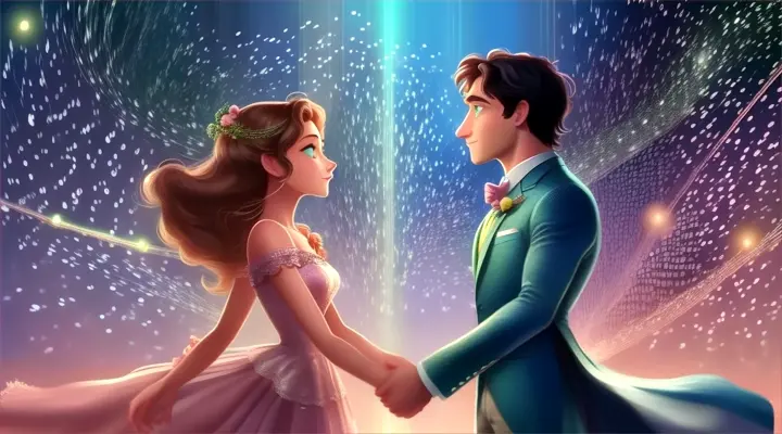 A woman with green eyes and a man with blue eyes, who are engaged, standing under the stars, surrounded by soft musical notes.