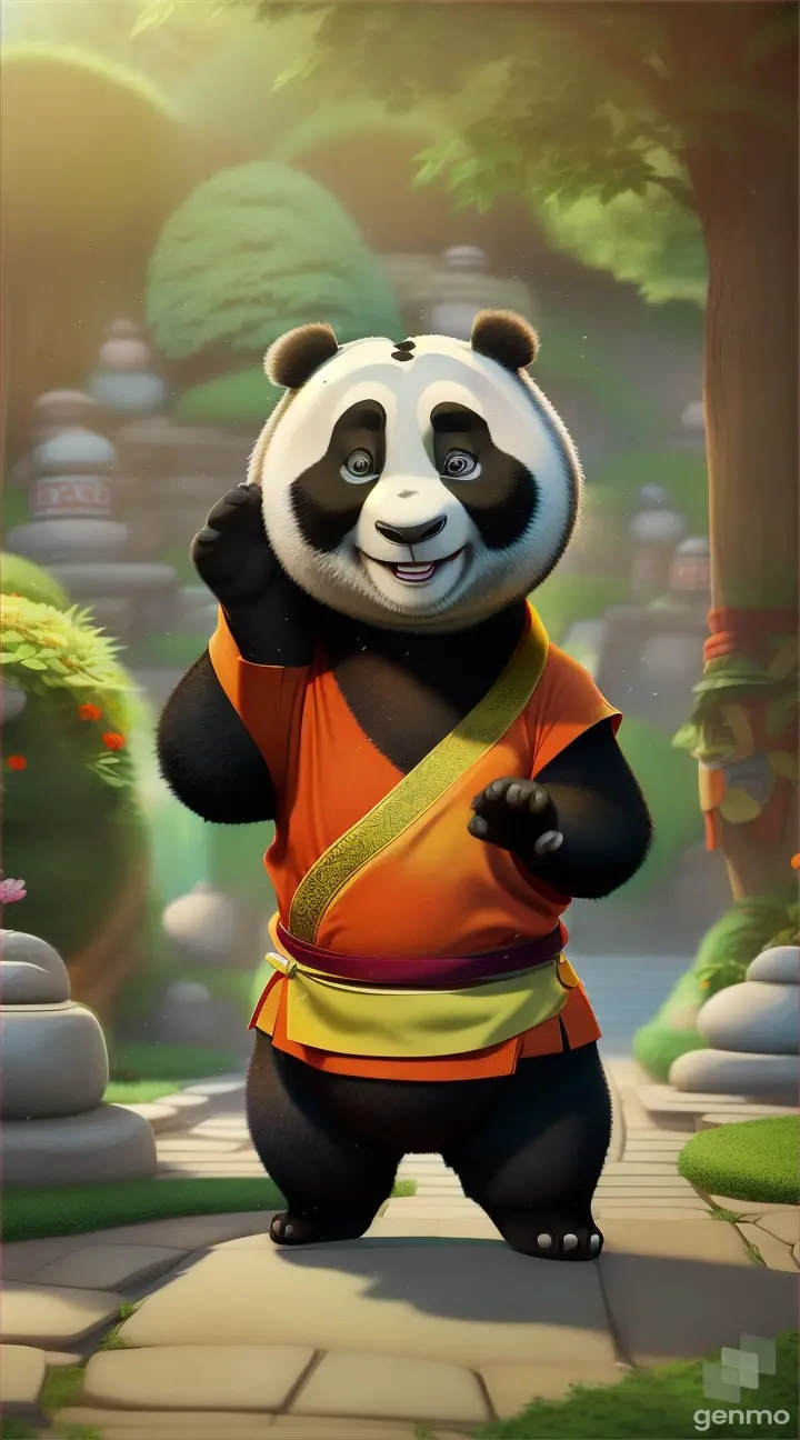 This Kung Fu Panda, who is cute, is covering his eyes with his two little hands because he feels scolded by his karate teacher... this Super cute panda is standing outside in the garden of the karate school. Vertical 9.6