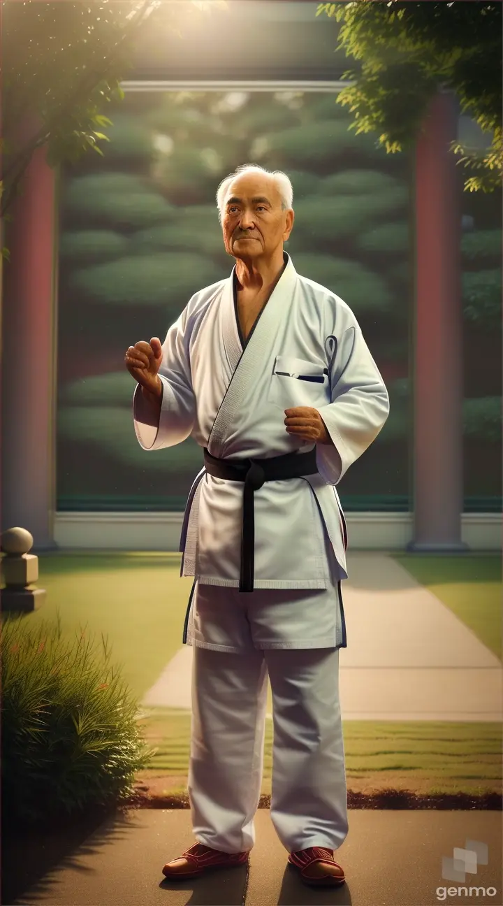 There is a karate teacher, who is a Panda Professor. Now an older adult... with his face of wisdom is standing in the garden of his karate school, looking seriously at his pupil and this teacher is with one hand stretched laterally towards his right hand showing an advertisement that is towards the side. right. Vertical 9.6