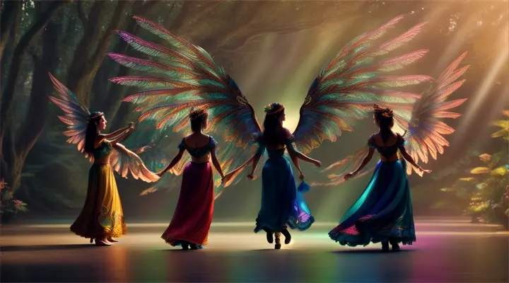 2 men 2 women dancing with colourful bird wings