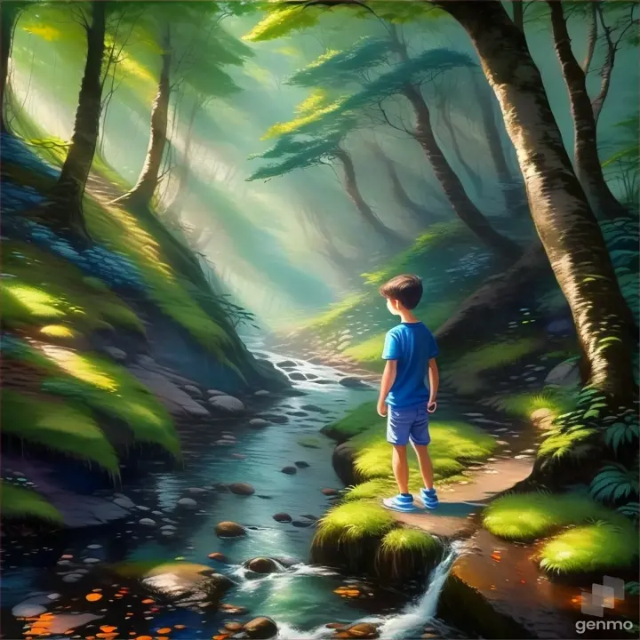 a painting of a boy looking at a stream in a forest