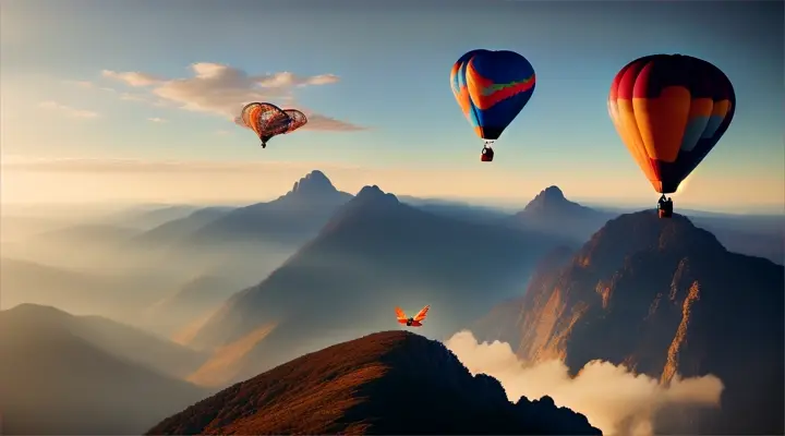 Balloons wings mountains people