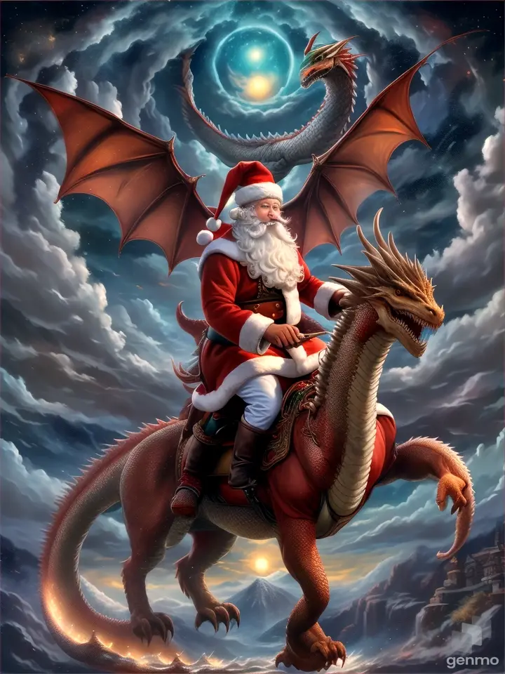 a painting of a santa riding a dragon