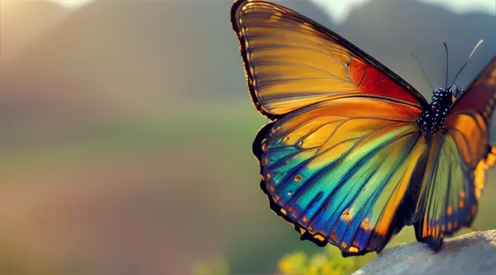 A macro close-up of a butterfly's wings in a valley surrounded by mountains